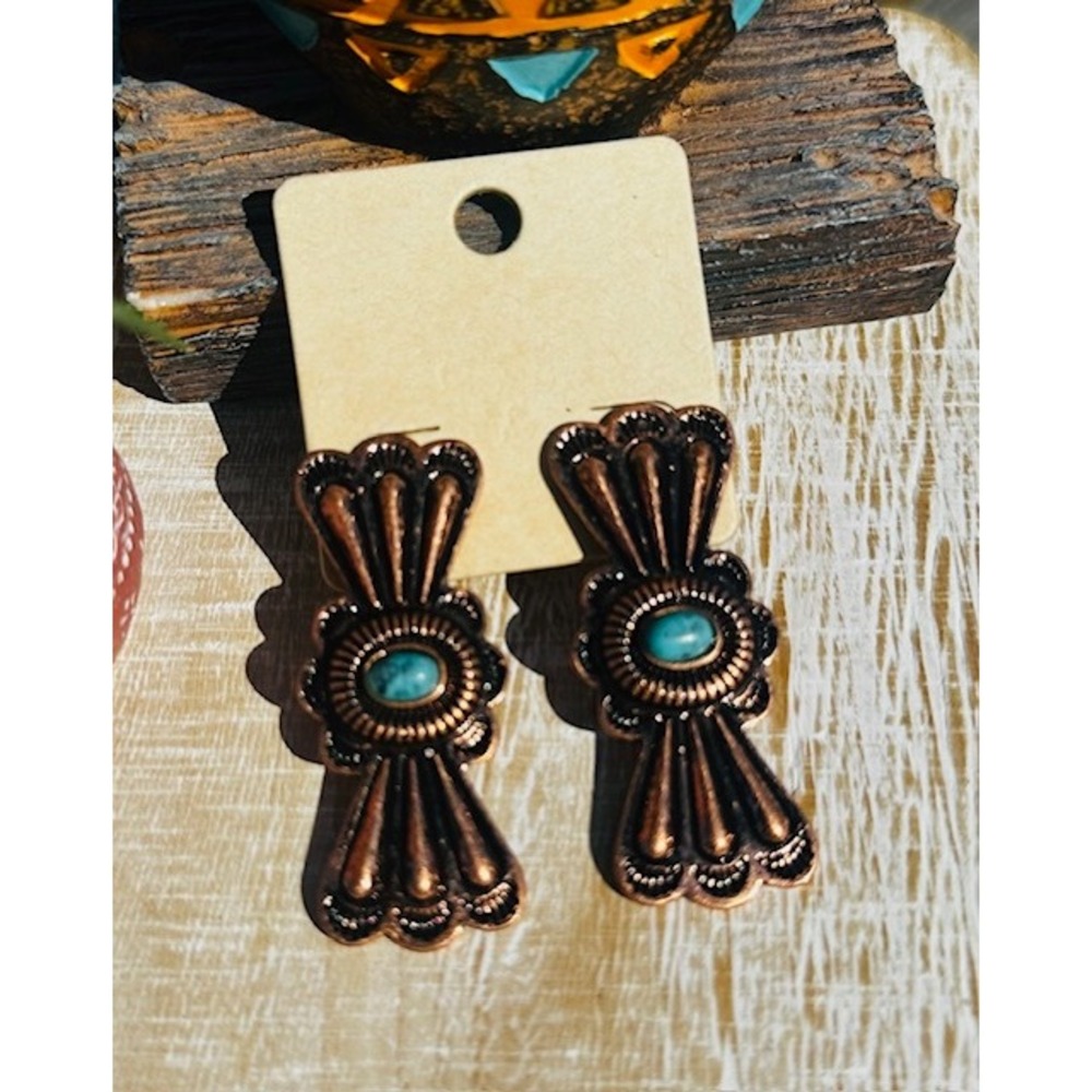 Western Copper Tone Turquoise Stone Earrings Aztec Boho Dangle Drop Jewelry